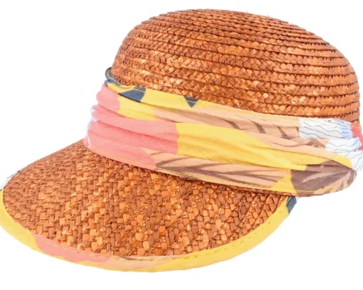 Cap With Flower Fabric Teak Honey Straw Hat - Seeberger