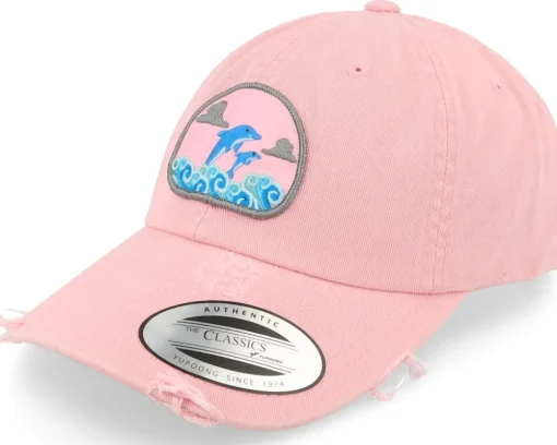 Dolphin On Waves Patch Pink Destroyed Dad Cap - Abducted