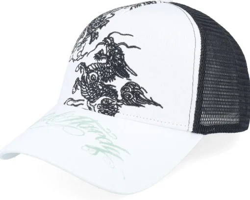 Double Dragon Twill Front Mesh White/Black Trucker - Ed Hardy