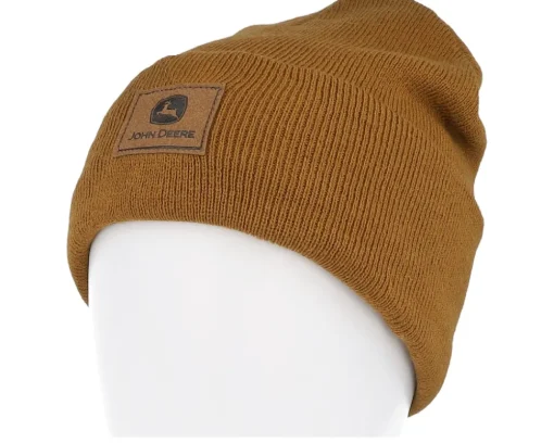 Fake Leather Patch Micro Fleece Lined Beanie Brown Cuff - John Deere