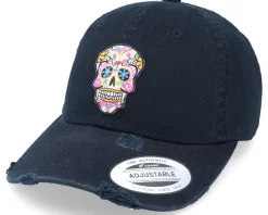 Flowers Skull Patch Black Destroyed Dad Cap - Calaveras
