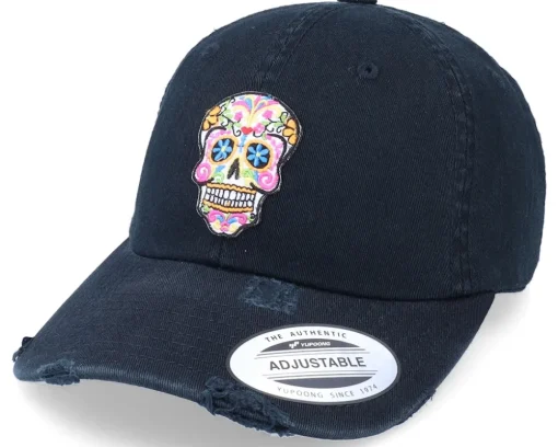 Flowers Skull Patch Black Destroyed Dad Cap - Calaveras