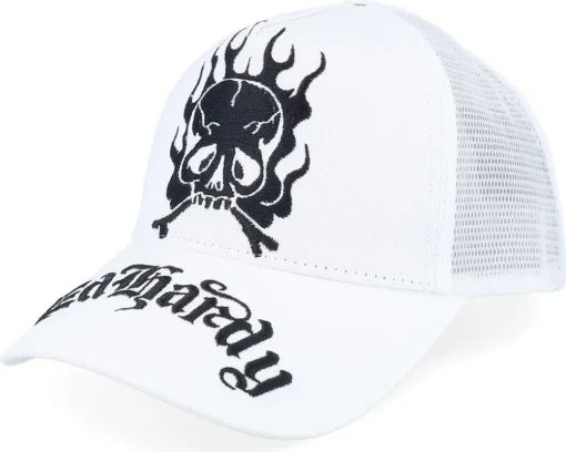 Gothic Skull In Flames White/White A-Frame Trucker - Ed Hardy