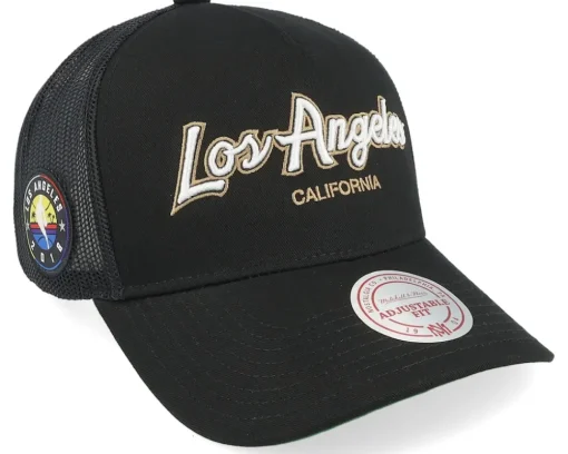 Hatstore Exclusive x Los Angeles Lakers Los Angeles Script & Patches Black Trucker - Mitchell & Ness