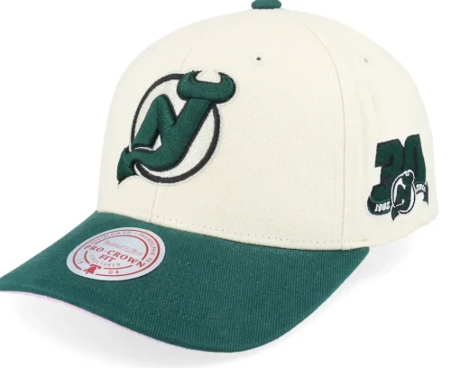Hatstore Exclusive x New Jersey Devils Grand Suede Cream/Dark Green Adjustable - Mitchell & Ness