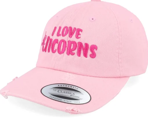 I Love Unicorns Pink Destroyed Dad Cap - Unicorns