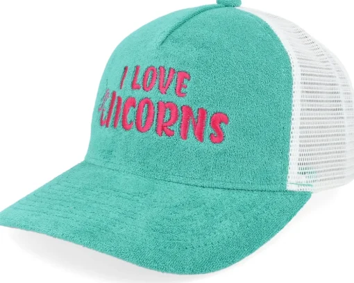 I Love Unicorns Terry Teal/White A-frame Trucker - Unicorns