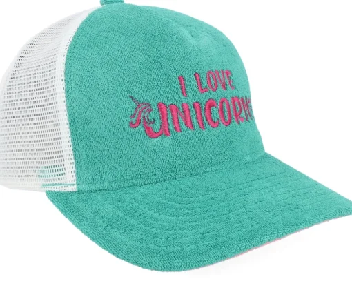 I Love Unicorns Terry Teal/White A-frame Trucker - Unicorns