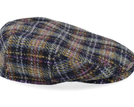Kent Check Harris Tweed Navy/Yellow/Purple Flat Cap - Stetson