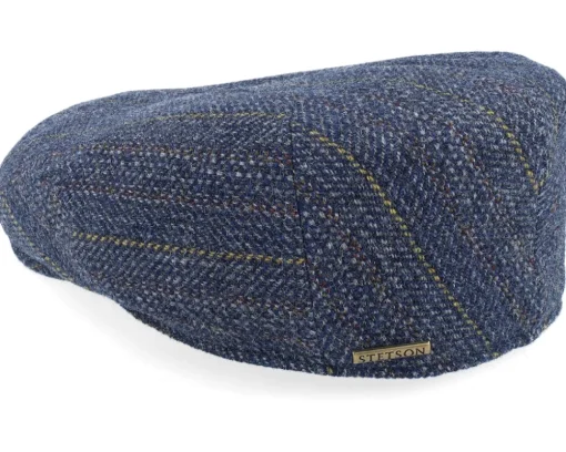 Kent Herringbone Virgin Wool Blue Flat Cap - Stetson