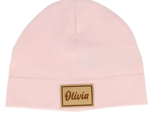 Kids Baby Engraved Suede Patch Powder Pink Beanie - Babybugz