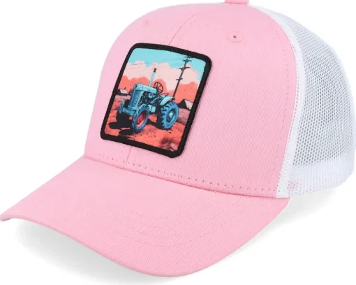 Kids Tractor And Clouds Patch Pink/White Trucker - Kiddo Cap