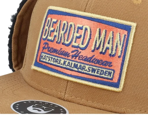 Logo Patch Red/Blue Canvas Caramel/Black Earflap - Bearded Man