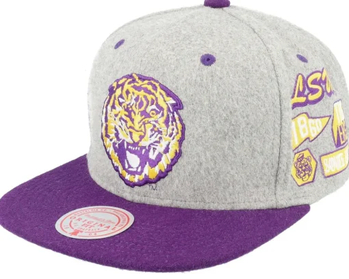 Louisiana State Tigers Melton Patch Grey/Purple Snapback - Mitchell & Ness