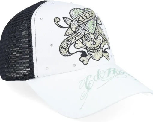 Love Kills Slowly Twill Mesh White/Black A-Frame Trucker - Ed Hardy