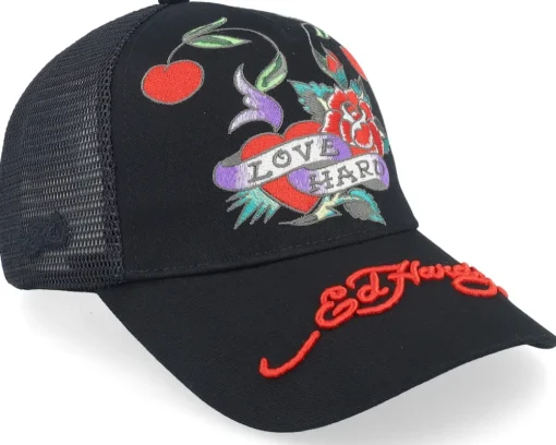 Love-hard Twill Front Mesh Black A-Frame Trucker - Ed Hardy