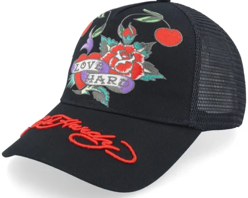 Love-hard Twill Front Mesh Black A-Frame Trucker - Ed Hardy