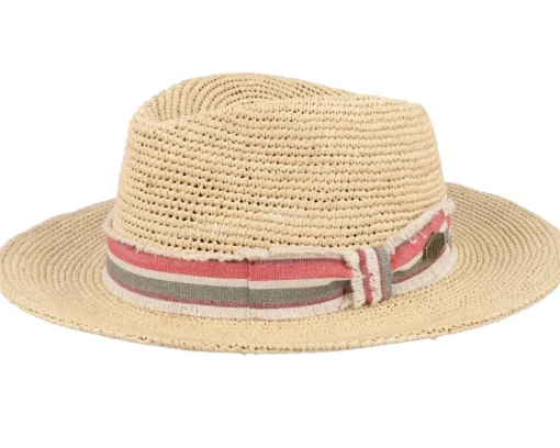 Mabel Crochet Raffia Natural Red Stripe Band Straw Hat - MJM Hats
