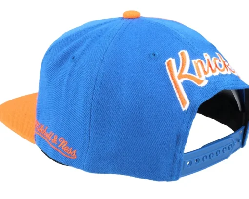 New York Knicks Rear Script Deadstock Nba Royal Orange Snapback - Mitchell & Ness