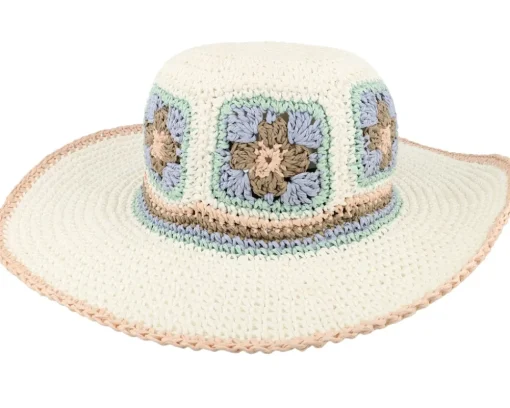Paper Crochet Floppy Flower White/Light Blue Sun Hat - Seeberger