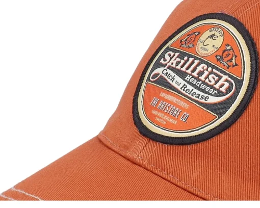 Retro Fishing Logo 111 Split Texas Orange/Khaki Trucker - Skillfish