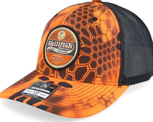 Retro Fishing Logo 111 Split Texas Orange/Khaki Trucker - Skillfish