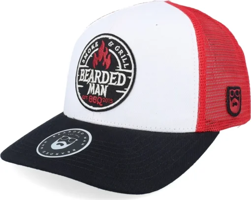 Smoke Grill Bbq Logo Blk White/Scarlet Trucker - Bearded Man