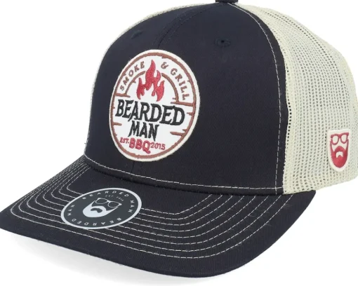 Smoke Grill Bbq Logo Blk White/Scarlet Trucker - Bearded Man